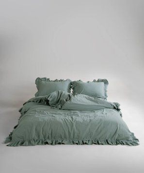 Постельное белье Limasso Stonewashed Exclusive 160 х 220 см семейный Natural Green, с рюшами 40333 фото