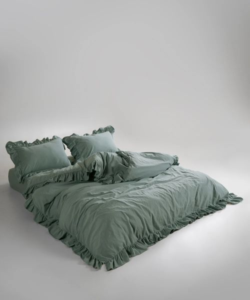 Постельное белье Limasso Stonewashed Exclusive 160 х 220 см семейный Natural Green, с рюшами 40333 фото