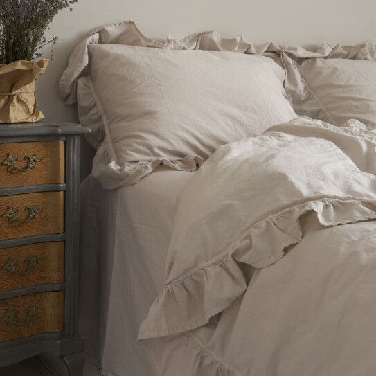Постільна білизна Limasso Stonewashed Exclusive Ranforse 200 х 220 см Natural Krem, з рюшами 31556 фото
