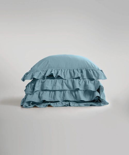 Постільна білизна Limasso Stonewashed Exclusive Ranforce 160 х 220 см Mineral Blue з рюшами 40427 фото