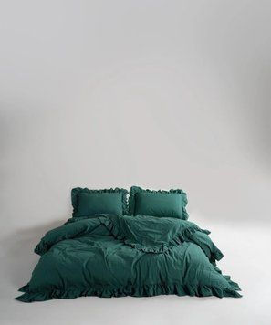 Постільна білизна Limasso Stonewashed Exclusive 160 х 220 см полуторний Dark Green, з рюшами 40317 фото