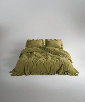 Постельное белье Limasso Stonewashed Exclusive 160 х 220 см полуторный Olive, с рюшами 40321 фото