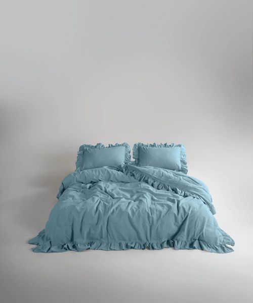 Постільна білизна Limasso Stonewashed Exclusive 200х220см євро Mineral Blue, з рюшами 31500 фото
