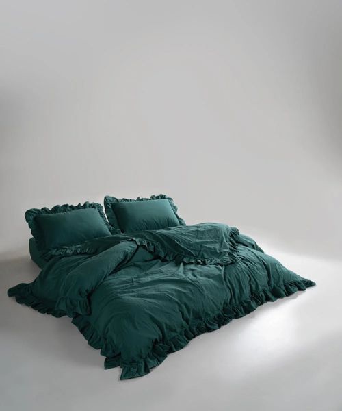 Постільна білизна Limasso Dark Green 200х220см Євро Stonewashed Exclusive (з рюшами) 31529 фото