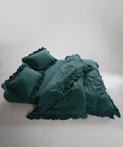 Постільна білизна Limasso Dark Green 200х220см Євро Stonewashed Exclusive (з рюшами) 31529 фото