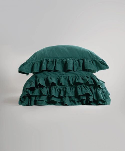 Постільна білизна Limasso Dark Green 200х220см Євро Stonewashed Exclusive (з рюшами) 31529 фото